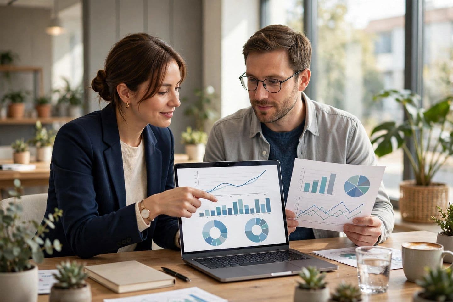 Two accounting professionals reviewing financial reports together during a QuickBooks cleanup
