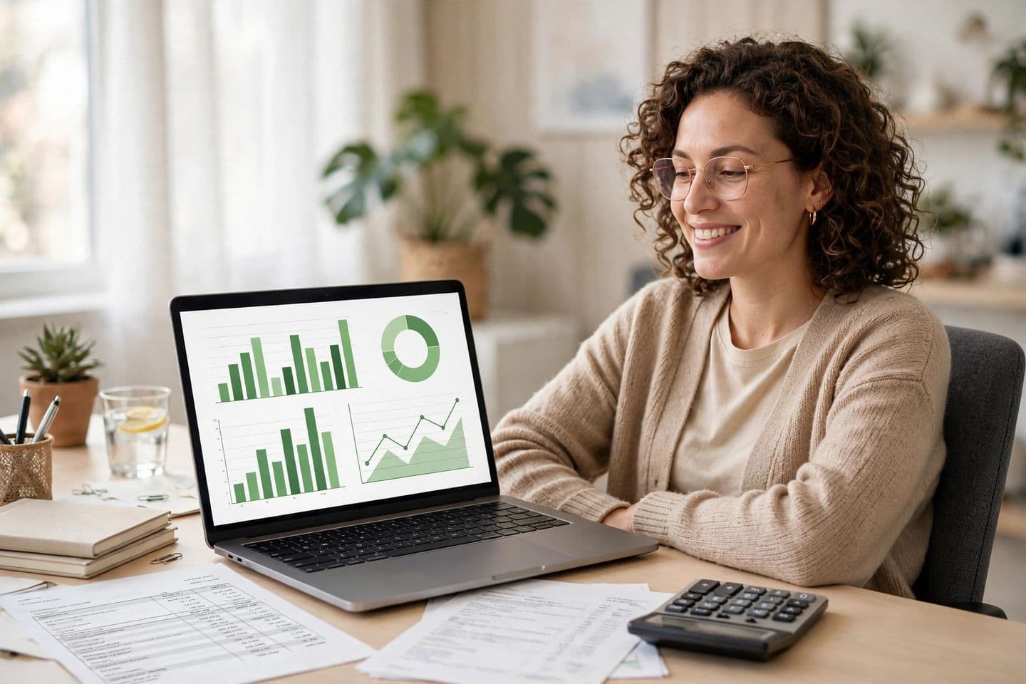 A bookkeeper reviewing clean financial charts after converting a bank statement for QuickBooks