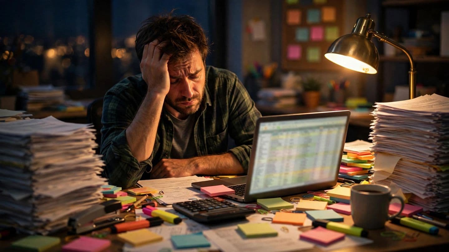 A business owner late at night surrounded by stacks of printed bank statements