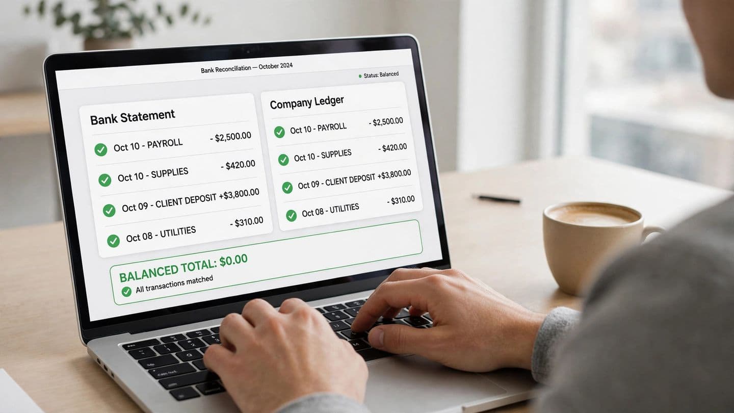 A laptop showing a bank reconciliation where every transaction matches and the total is balanced