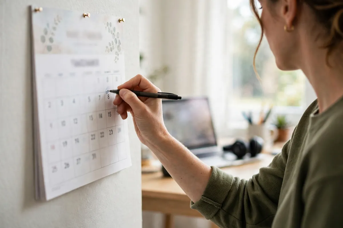 monthly Airtel Payments Bank Xero routine — person marking dates on a wall calendar at home