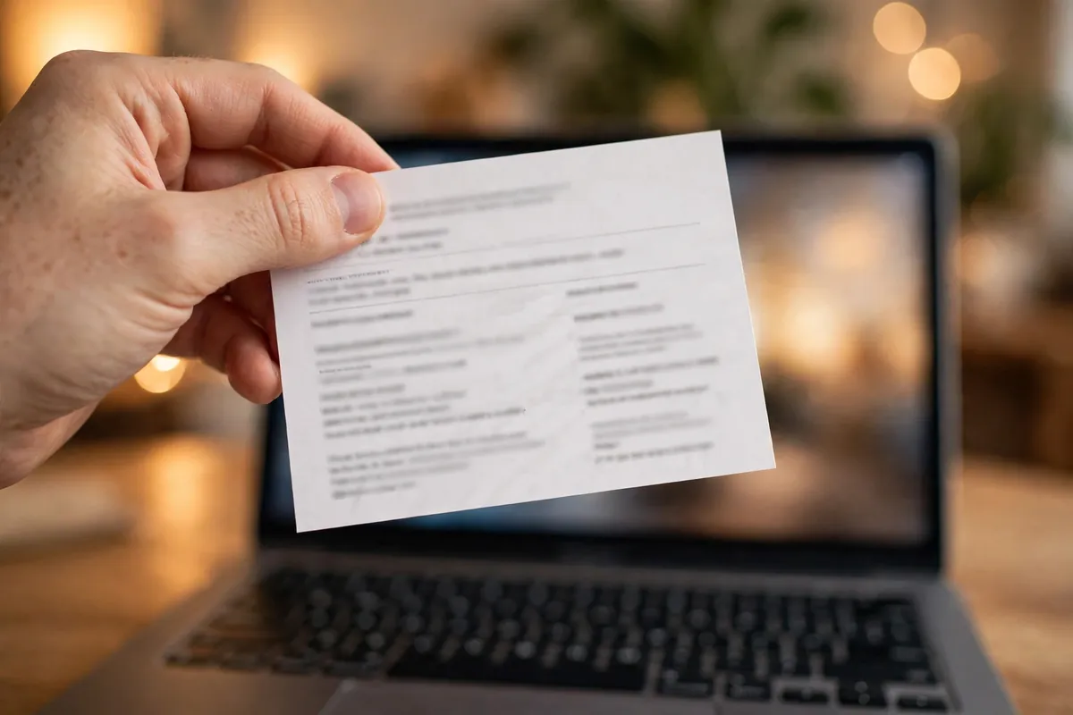convert Amazon Synchrony statement PDF to CSV — hand holding a printed store-card statement over a laptop