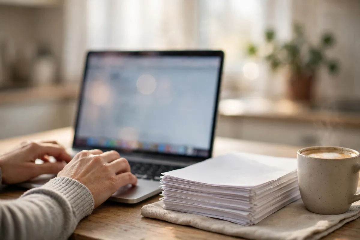 convert Amazon Synchrony statement PDF to CSV — hands typing on a laptop beside stacked paper statements