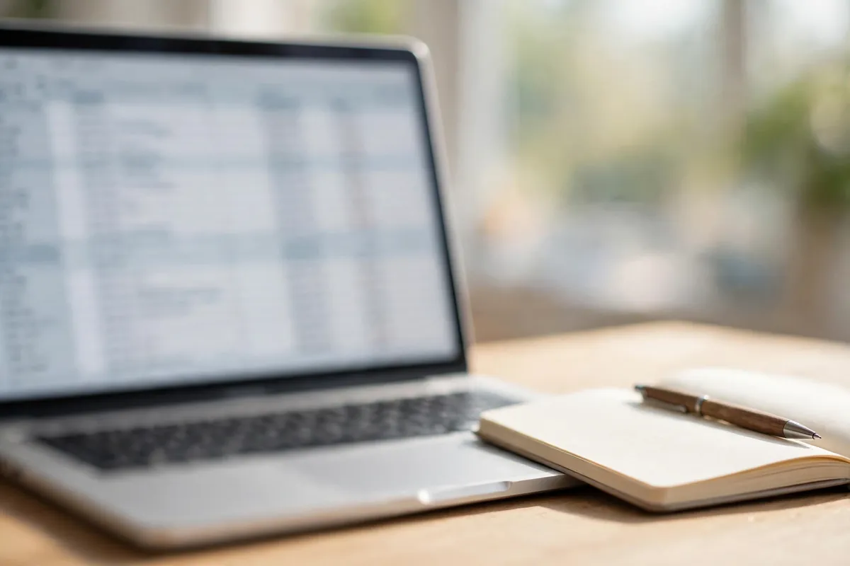 convert AmBank statement PDF to CSV — laptop screen showing blurred spreadsheet columns beside a notebook