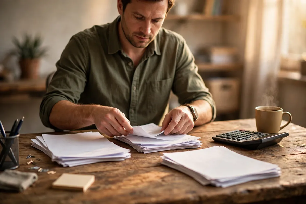 convert Amegy Bank statement PDF to CSV — sorting printed bank statements on an office desk