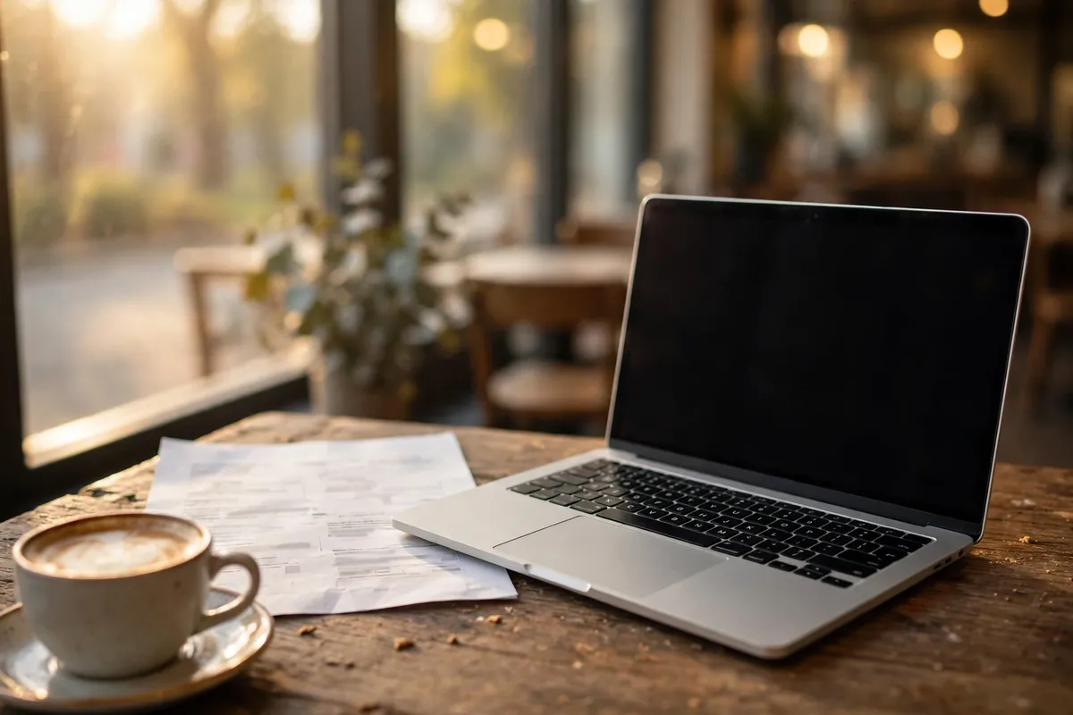import AMEX France statement PDF to Xero — laptop and statement on cafe table