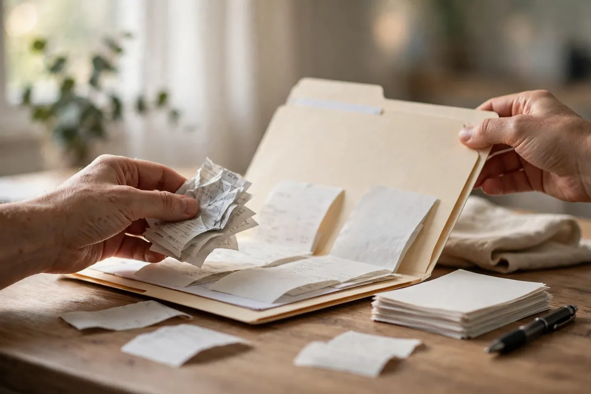 import AMEX France statement PDF to Xero — hands organizing receipts in folder