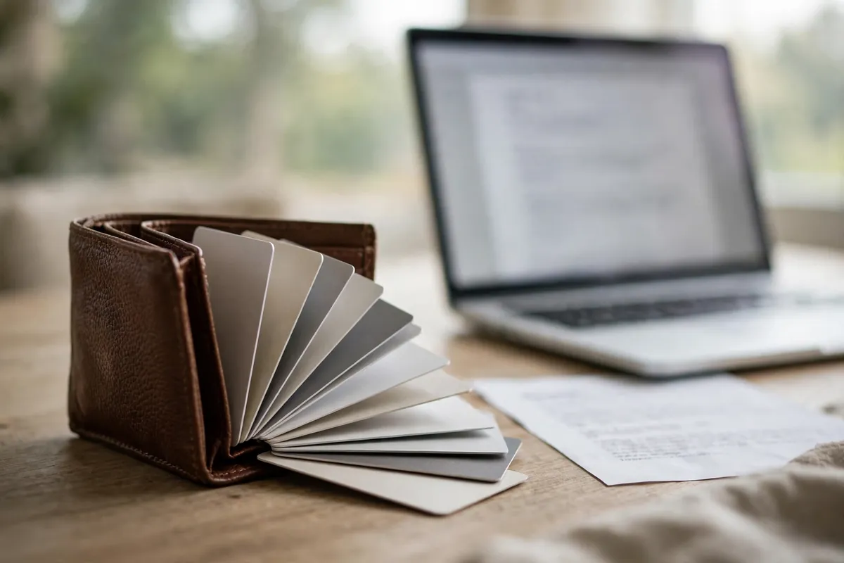convert Amex statement PDF to CSV — wallet with plain cards fanned out beside a laptop