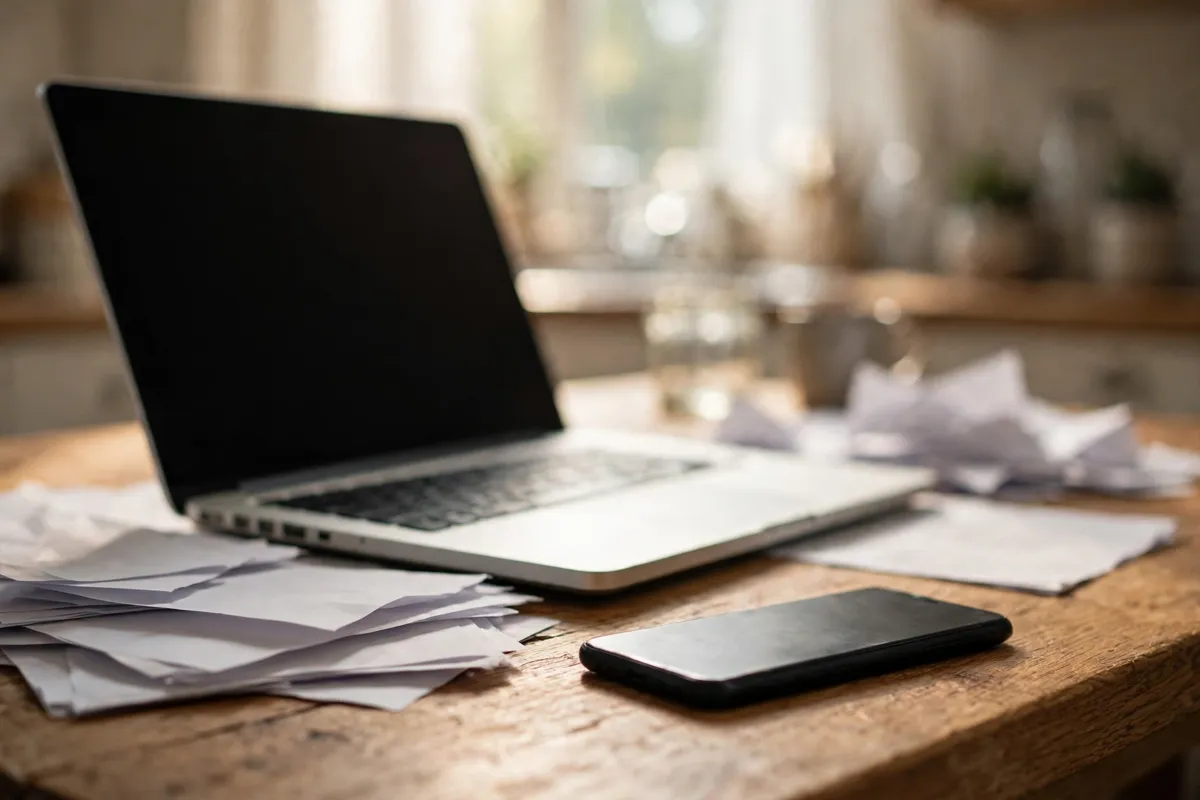 Apple Card statement PDF to Excel — phone and laptop on a kitchen table with statements
