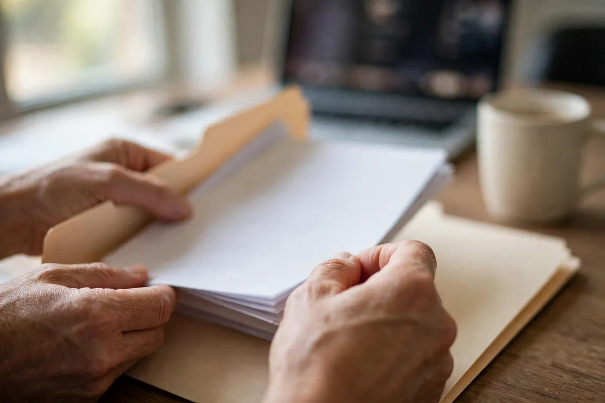 Ascend Federal Credit Union statements for tax filing — hands sorting paper statements into a folder