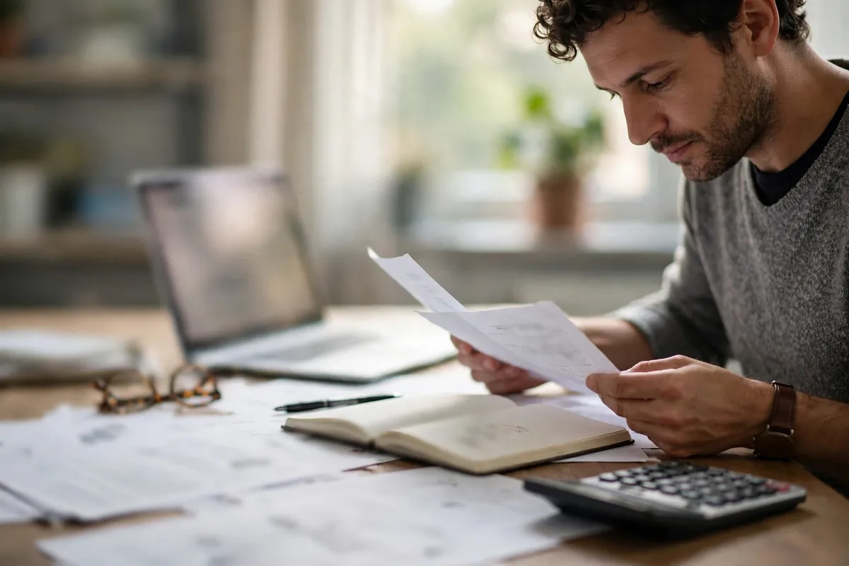 Ascend Federal Credit Union tax filing — person reviewing documents with a calculator at a desk
