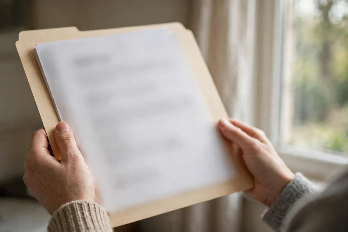 Asda Money statements for tax filing — hands holding a folder of financial papers by a window