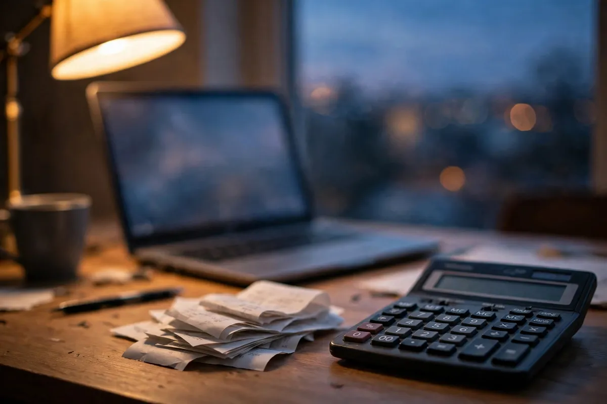 Asda Money tax filing records — desk with calculator receipts and a blurred laptop screen