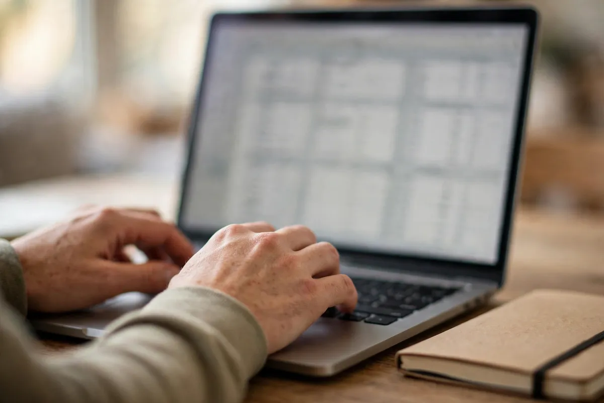 Atlantic Union Bank statements for tax filing — hands typing on a laptop with a notebook beside