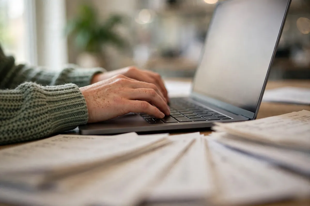 convert AU Bank PDF to Xero CSV — hands typing with printed bank statements fanned nearby