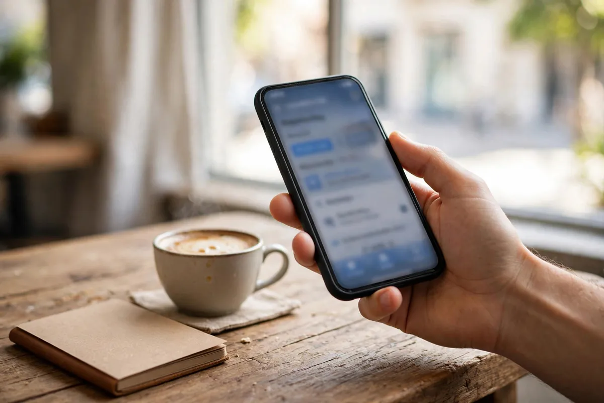 download Axis Bank statement — hand holding a phone with the banking app at a cafe