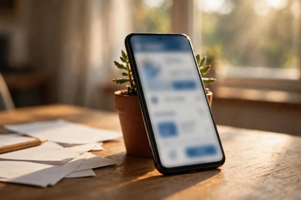 download Bank of Baroda statement — smartphone with banking app beside a plant on a desk