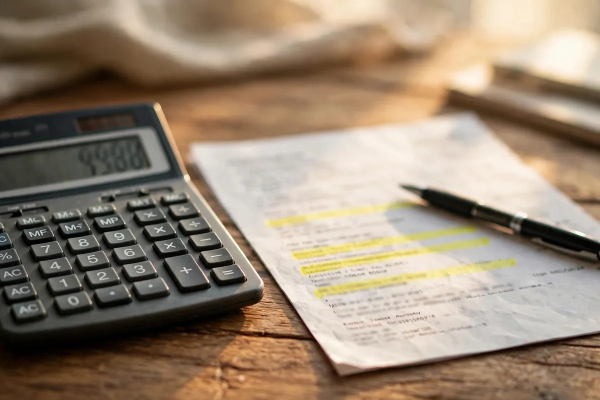 bank statement analysis for accountants — calculator beside highlighted statement totals on a desk