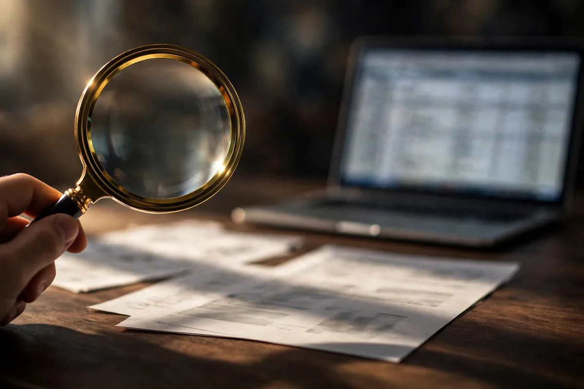bank statement analysis for accountants — magnifying glass scanning statement pages for unusual patterns