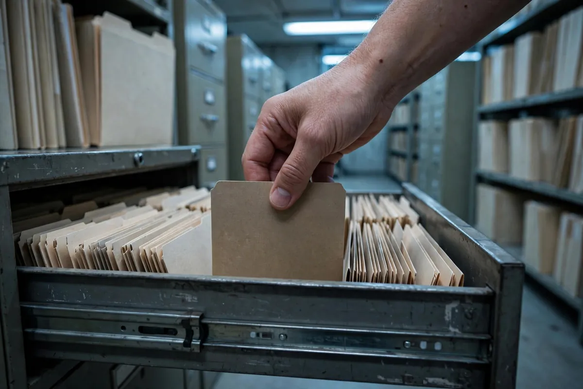bank statement data security — hand filing a folder in a metal cabinet drawer