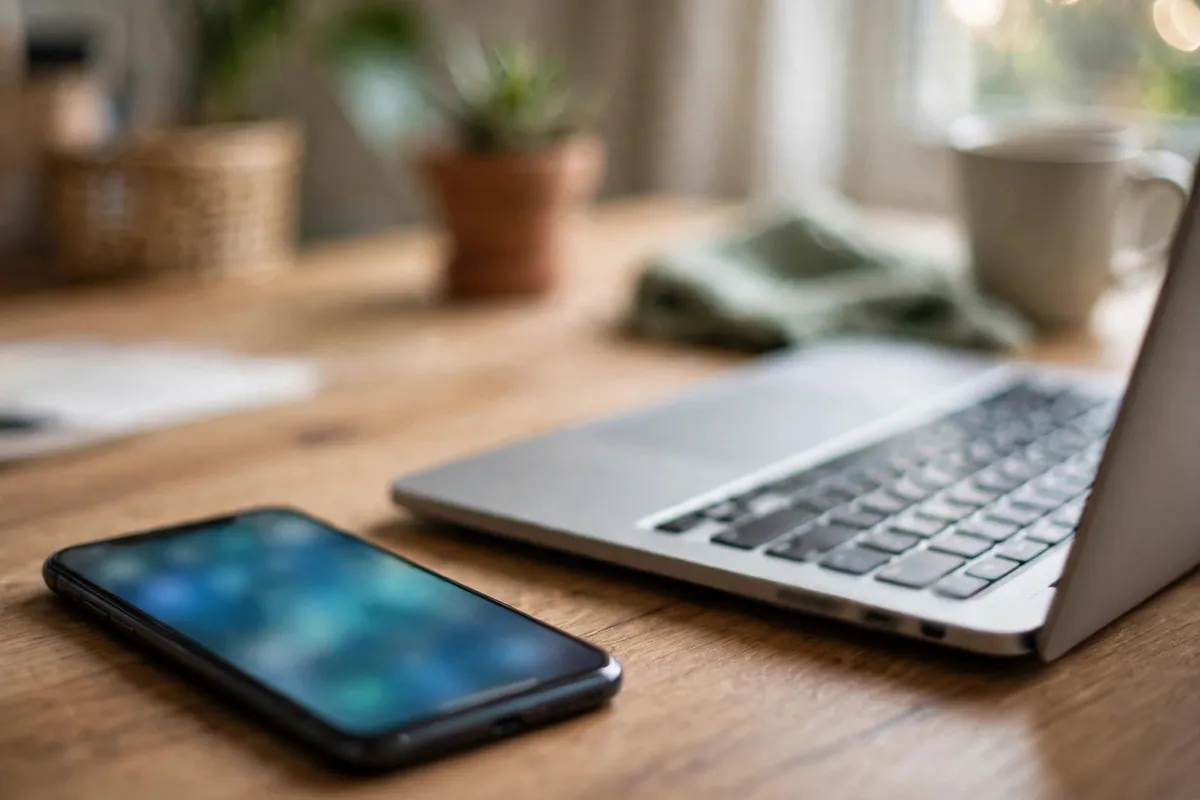 bank statement data security — smartphone beside a laptop on an office desk