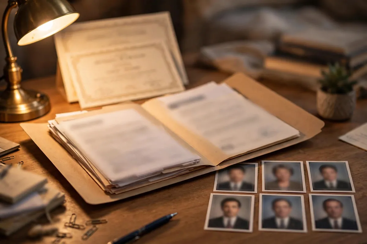bank statement for education loan documents — folder with certificates and photos on table