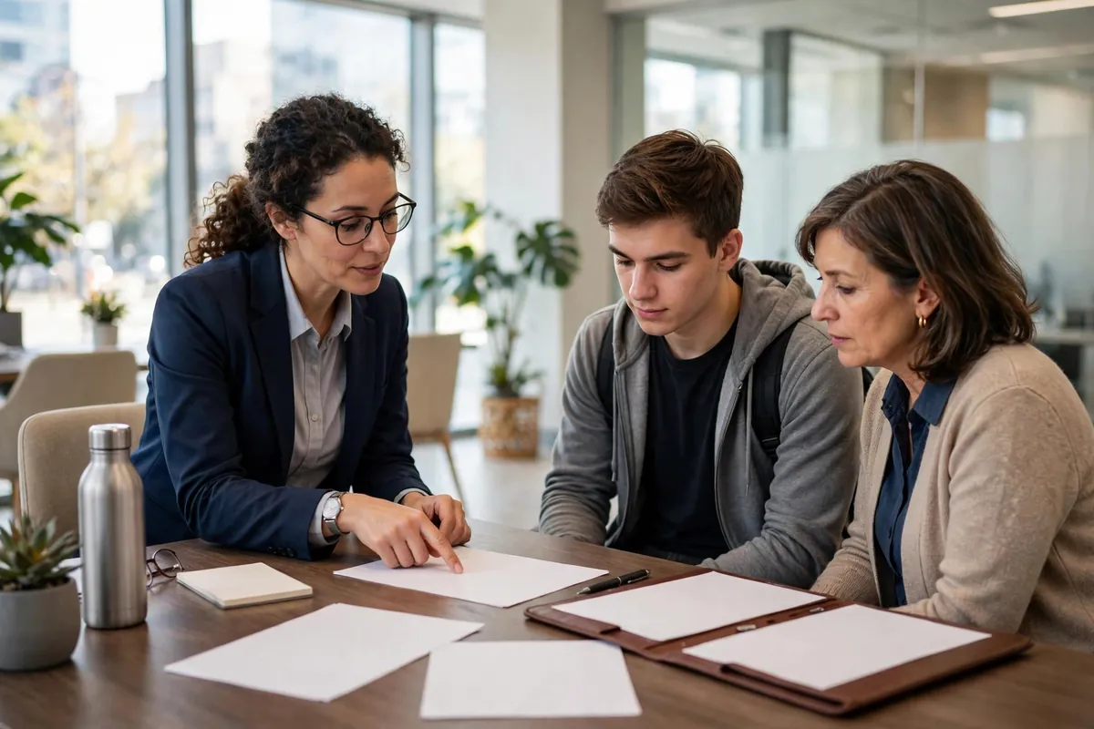 bank statement for education loan review — officer discussing papers with student and parent