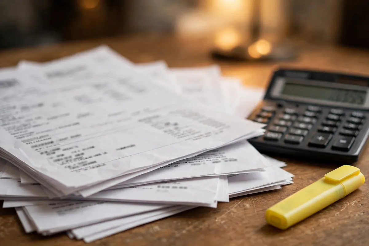 bank statement for home loan review — printed statements with a highlighter and calculator