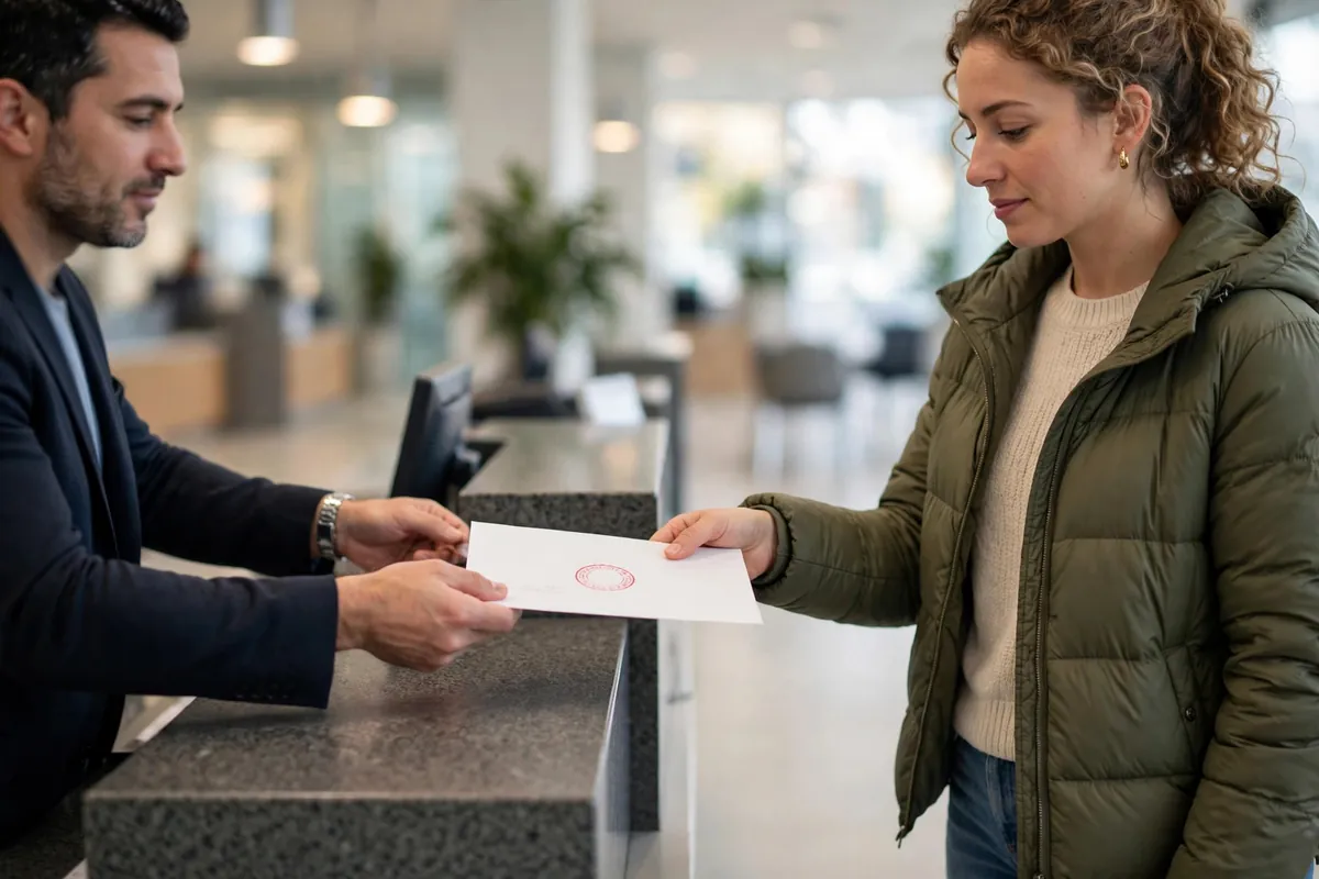 bank statement for home loan EMI check — customer receiving documents at a bank counter