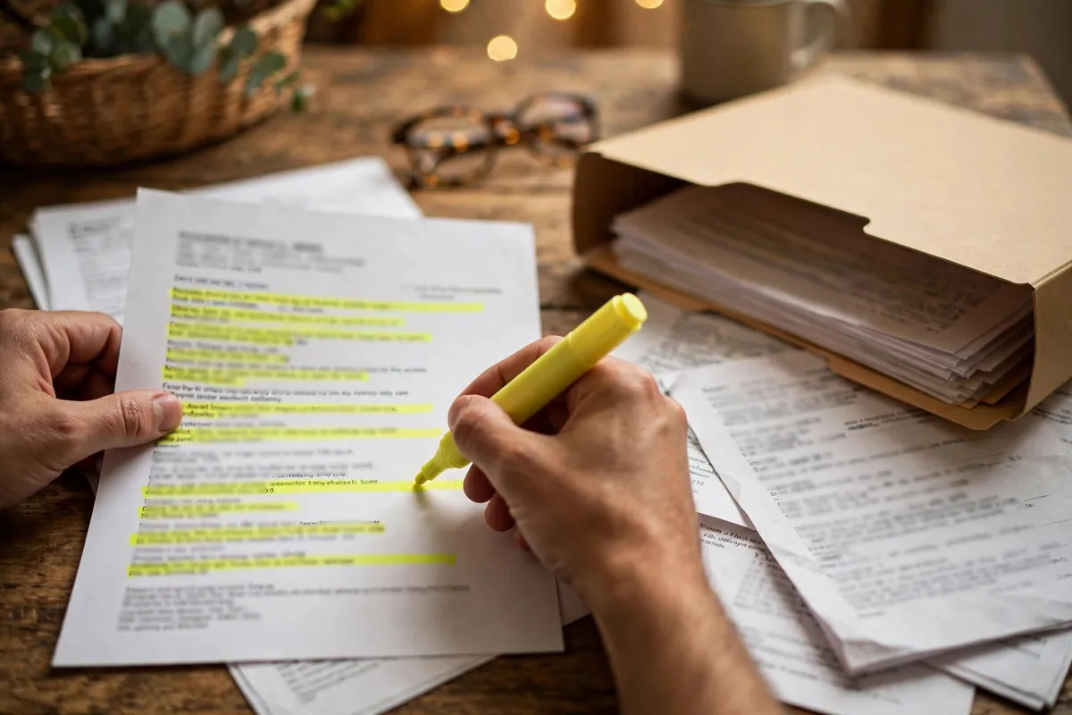 bank statement for income tax return — hands highlighting transactions on a statement for filing
