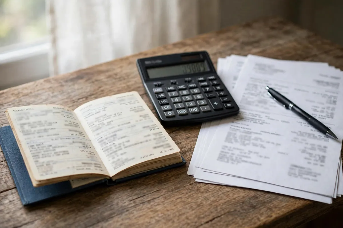 bank statement for income tax return — passbook and calculator totalling interest income on a desk