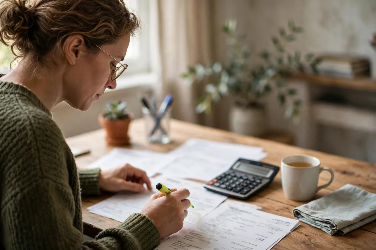 bank statement for personal loan — reviewing salary statements with a calculator on a desk