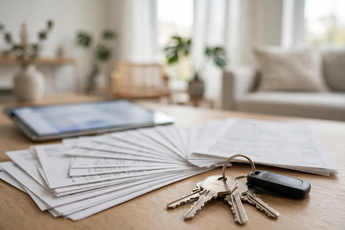 bank statement for rent agreement — printed statements fanned out beside a tablet