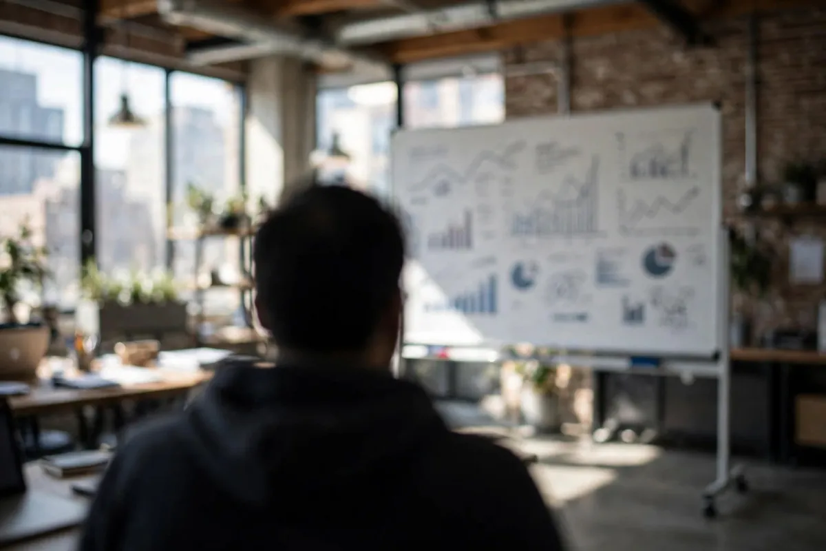 bank statement for startup funding — startup office whiteboard with blurred charts