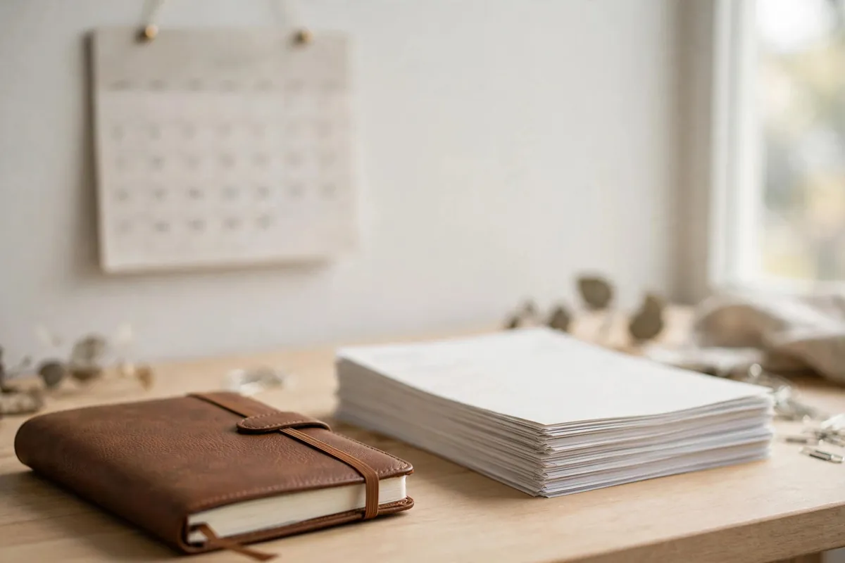 bank statement for visa application — calendar and stacked monthly bank statements on a desk