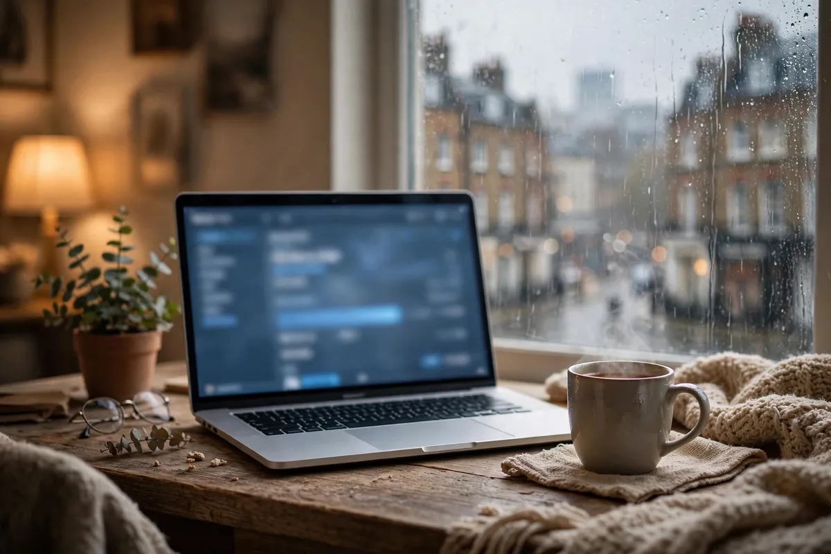 import Barclays bank statement into Xero step one — laptop downloading statement by a rainy window