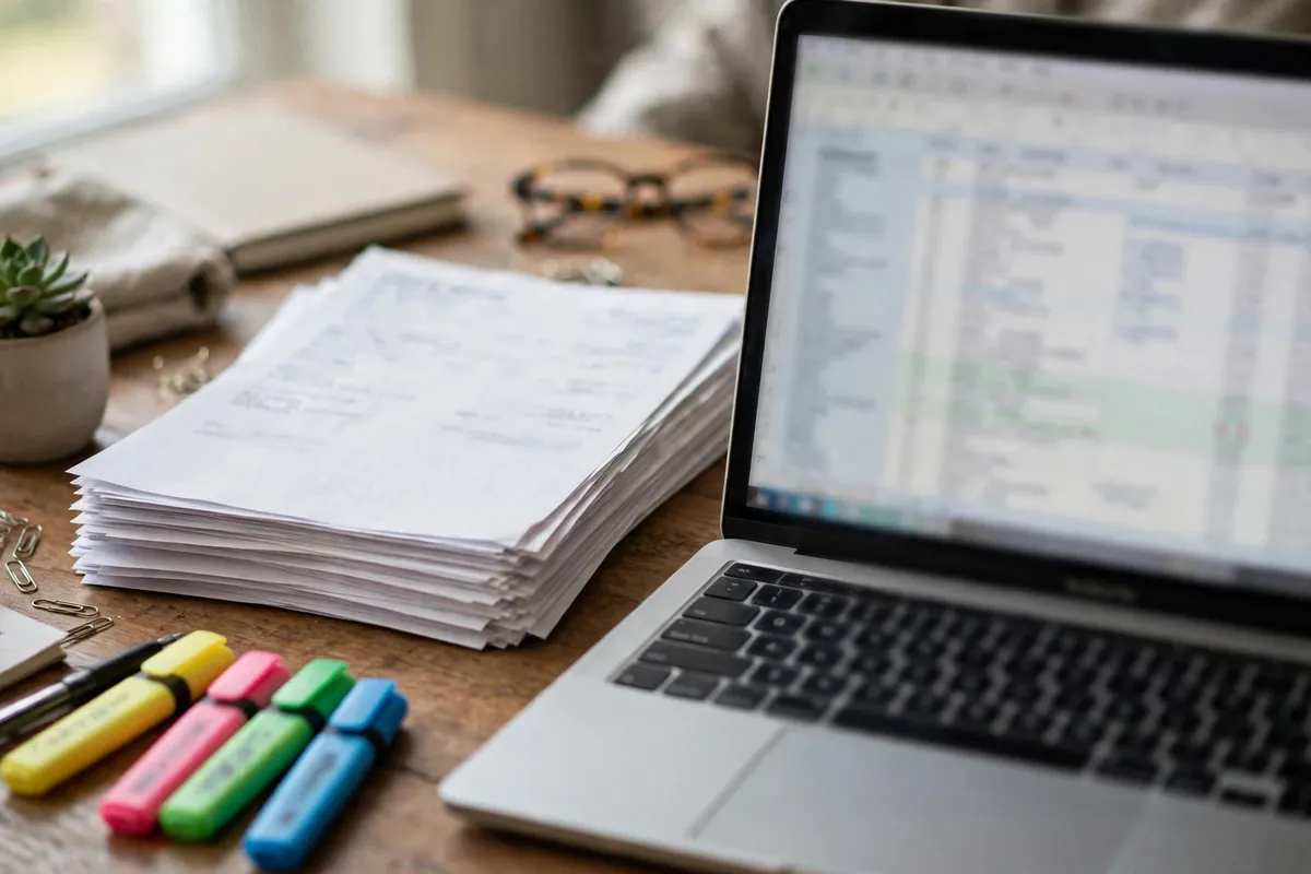 convert BMO statement PDF to Excel for tax filing — stacked bank statements beside a laptop