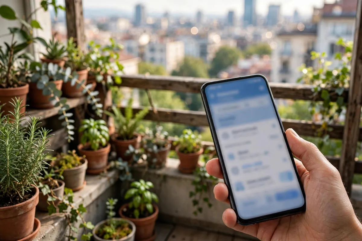 download Canara bank statement on the ai1 app — hand holding a smartphone on a balcony
