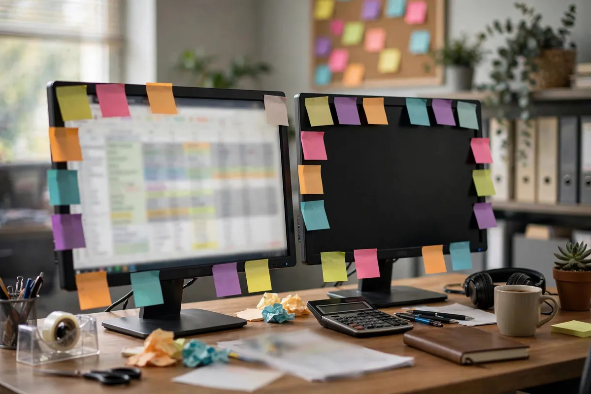 convert CIBC statement PDF to Excel cleanup pass — bookkeeper's dual monitors with sticky notes