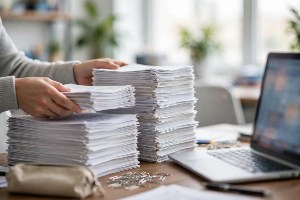 Commonwealth Bank statement for tax filing — stacks of statements organized for one conversion session