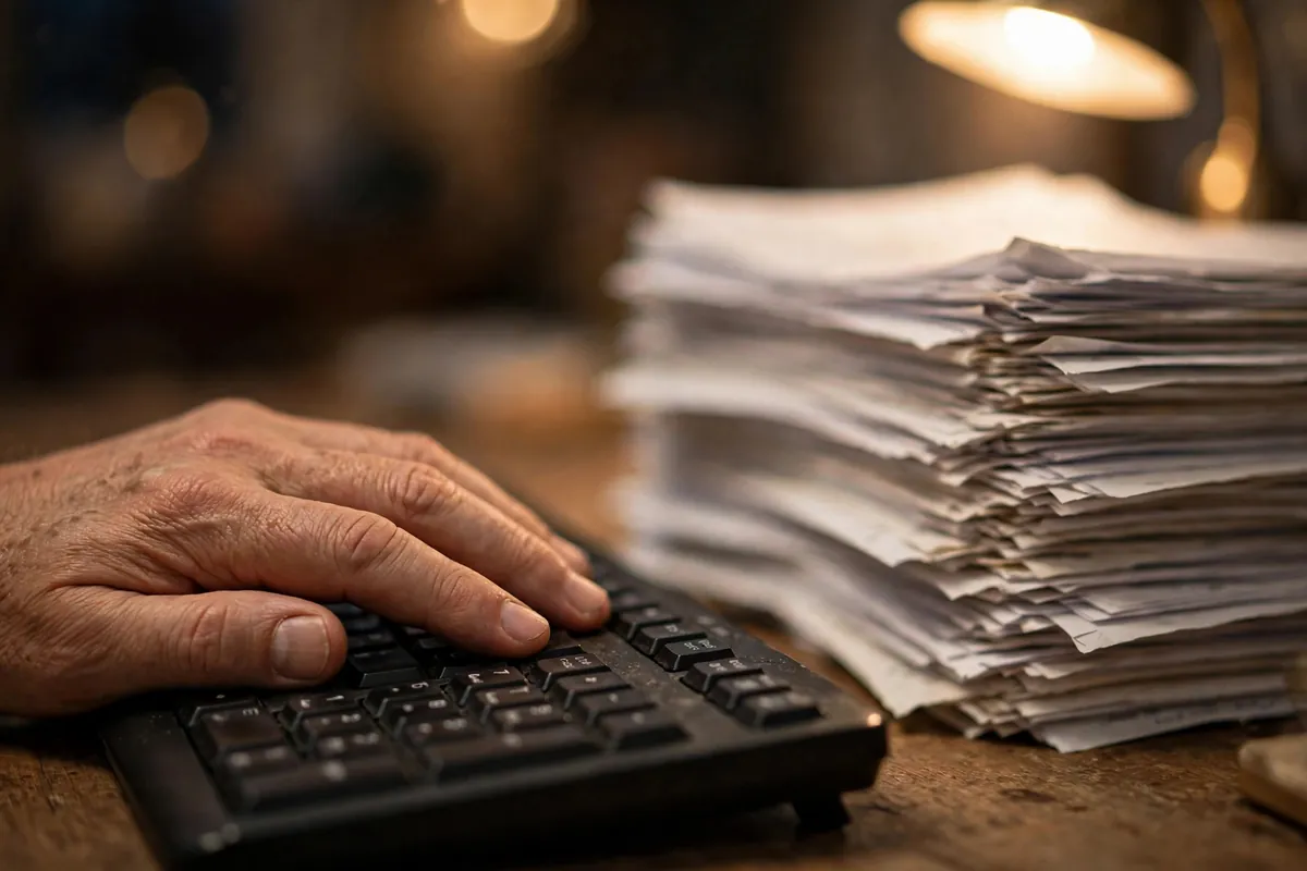 convert Chase bank statement PDF to Excel — tired hand on keyboard beside stacked statements