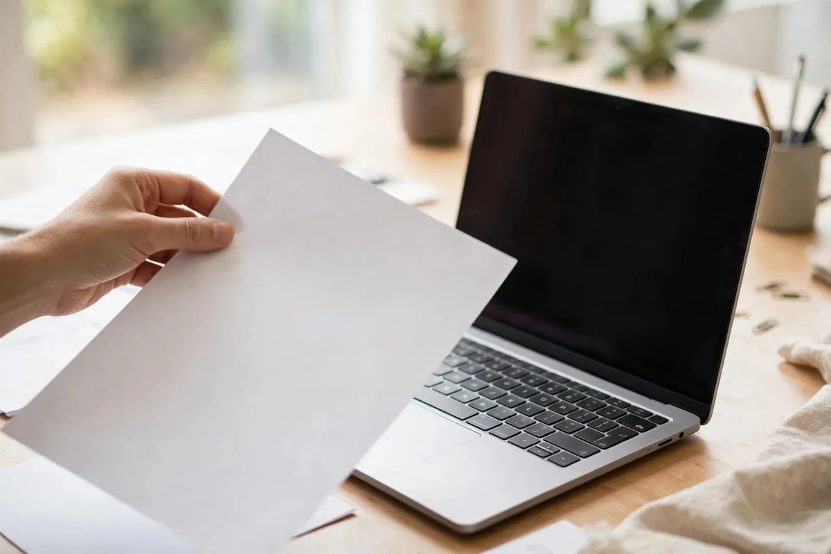 convert Chase bank statement PDF to Excel — hand uploading a paper document toward a laptop