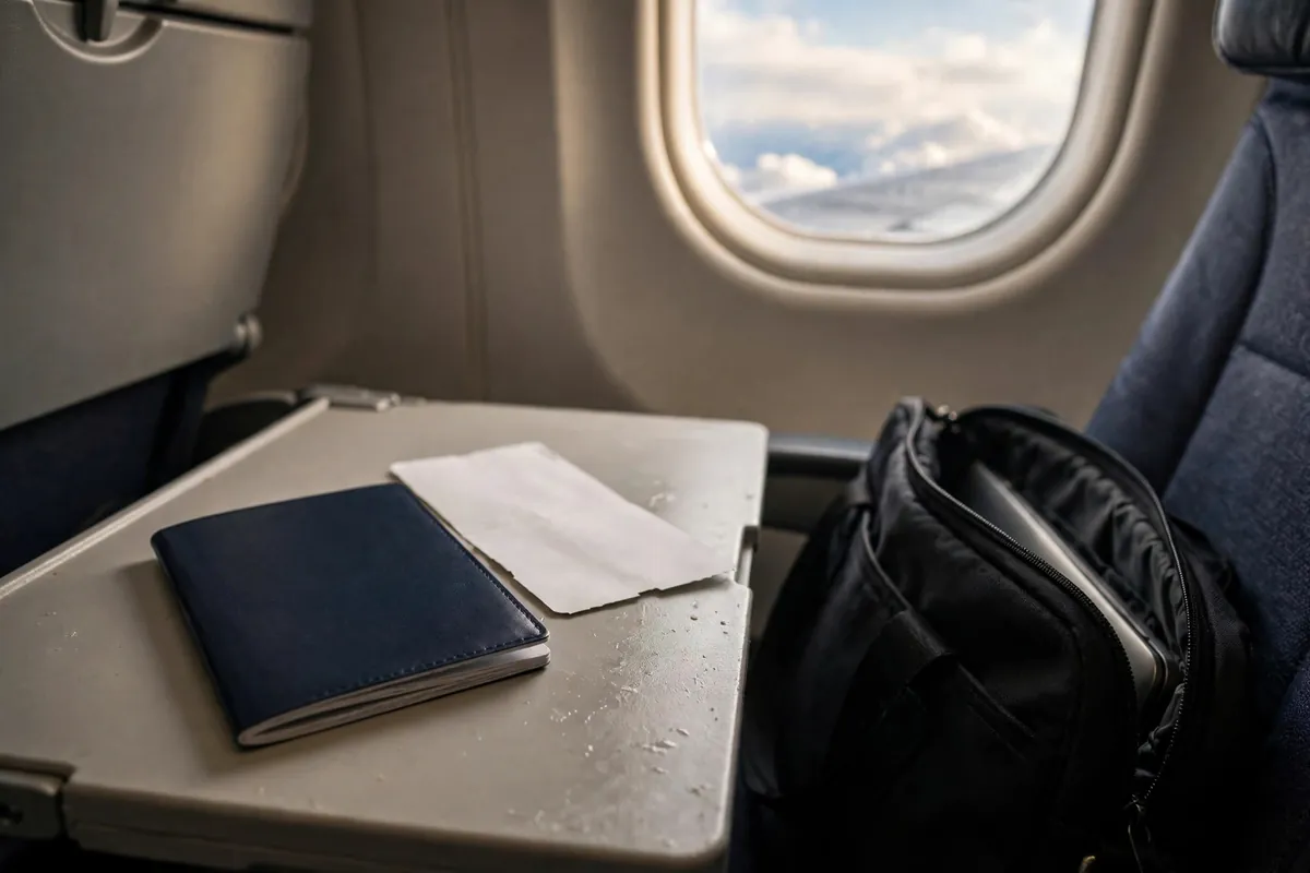 download Federal Bank statement as an NRI — passport and boarding pass by an airplane window