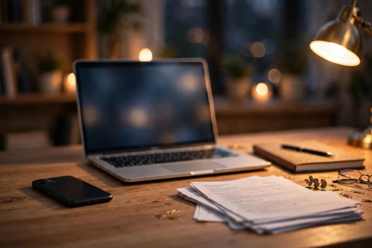 download HDFC Bank statement via mobile app — smartphone on a desk beside a laptop