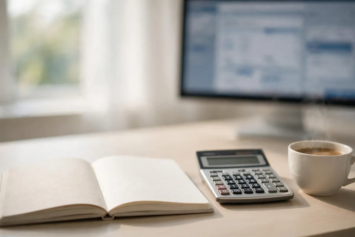 clean up QuickBooks Online books safely — tidy desk with a notebook calculator and coffee