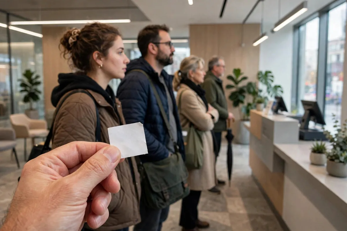 certified bank statement India — customers waiting in queue at a bank service desk