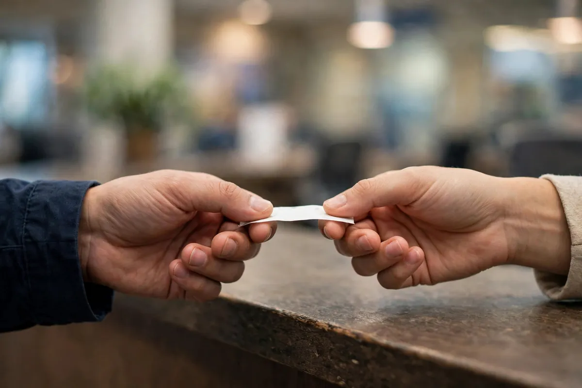 certified bank statement India cost and turnaround — hands exchanging a receipt at the counter