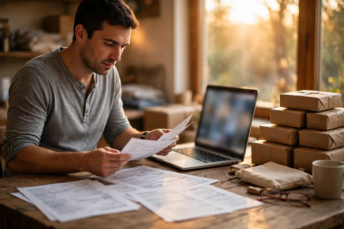 how to import PayPal into QuickBooks Online — reviewing transaction pages beside parcels at a desk