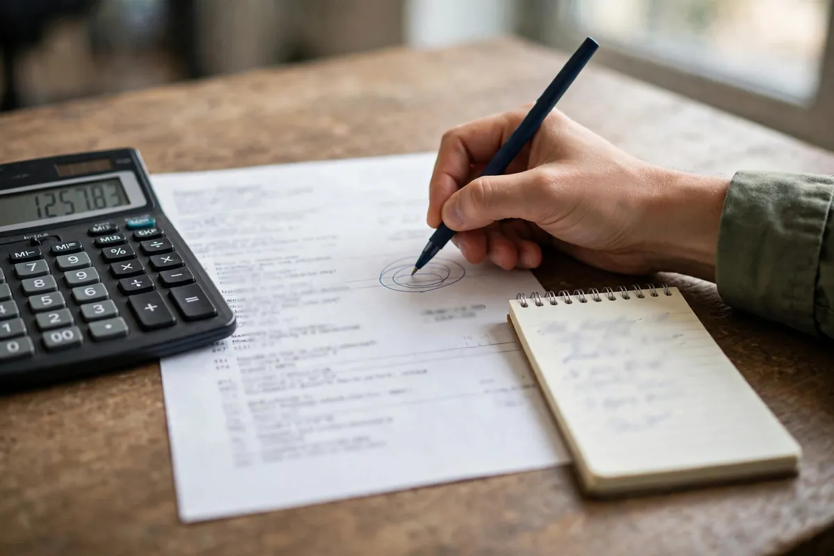 how to read an Indian bank statement — calculator next to a statement with charges circled