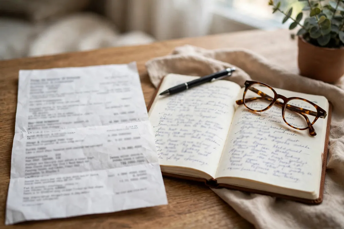 how to read an SBI bank statement — noting bank-specific entries in a notebook beside it